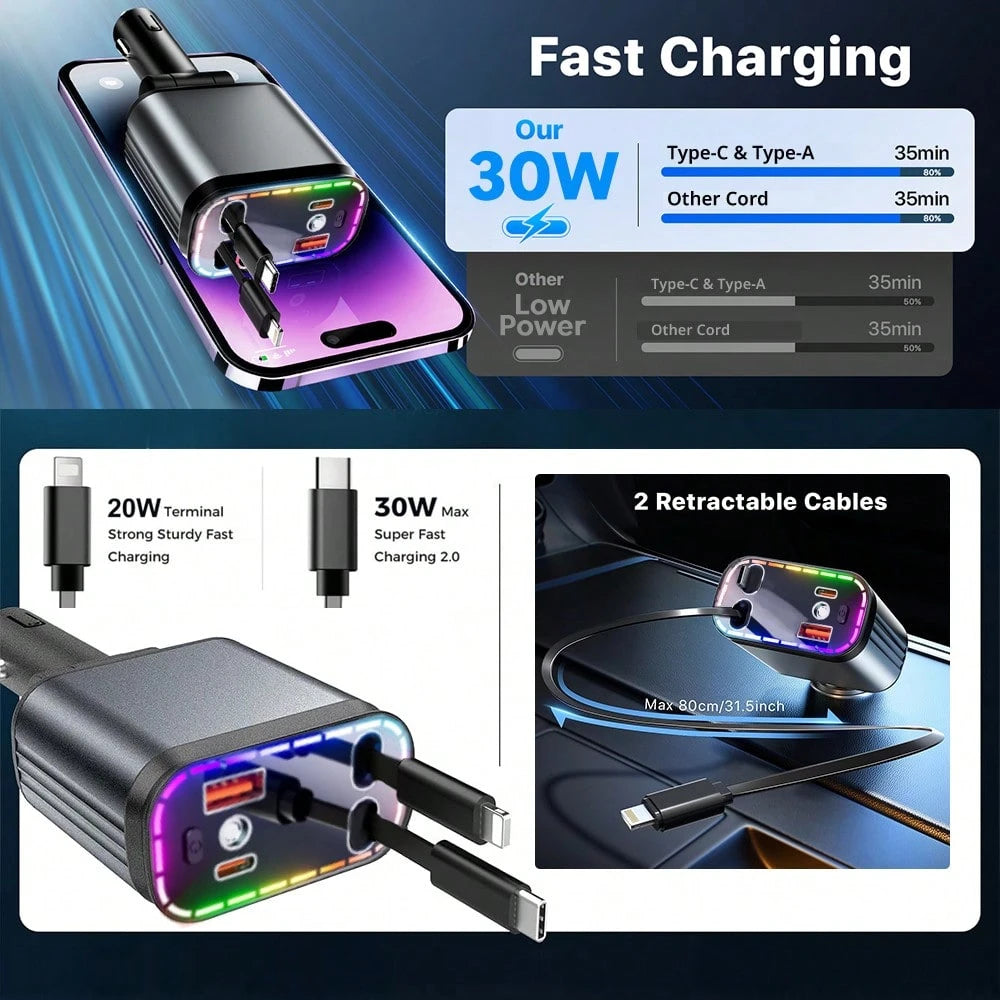 Starry Light Projector With 30W Fast Rapid Car Charger, 4 In 1 Multiple Function, Dual Retractable Charging Cable, Interior Decorative Accessories, Multiple Charging Protection, Ambient Lights For Car