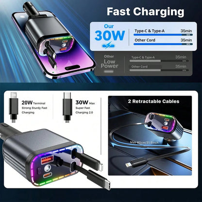 Starry Light Projector With 30W Fast Rapid Car Charger, 4 In 1 Multiple Function, Dual Retractable Charging Cable, Interior Decorative Accessories, Multiple Charging Protection, Ambient Lights For Car