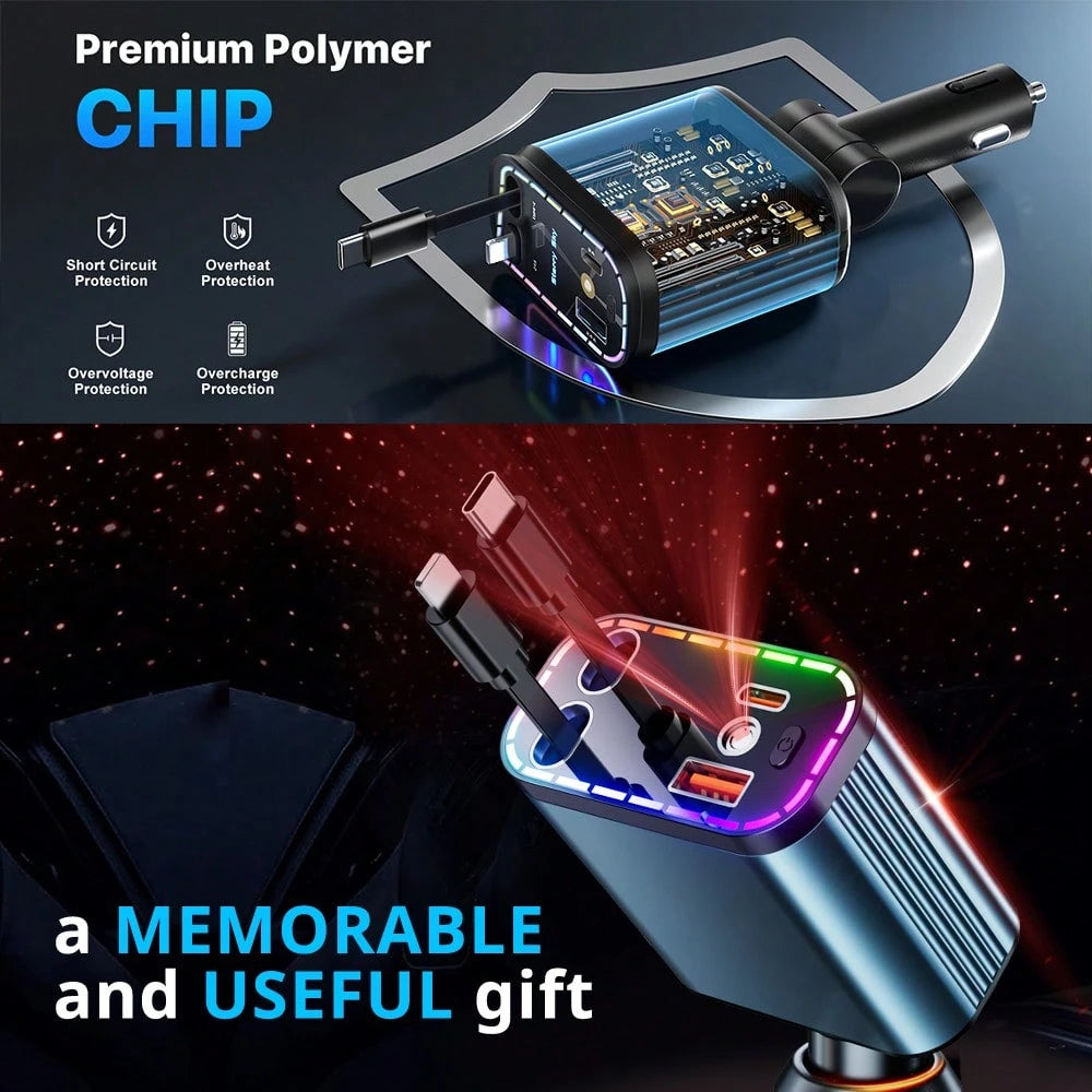 Starry Light Projector With 30W Fast Rapid Car Charger, 4 In 1 Multiple Function, Dual Retractable Charging Cable, Interior Decorative Accessories, Multiple Charging Protection, Ambient Lights For Car