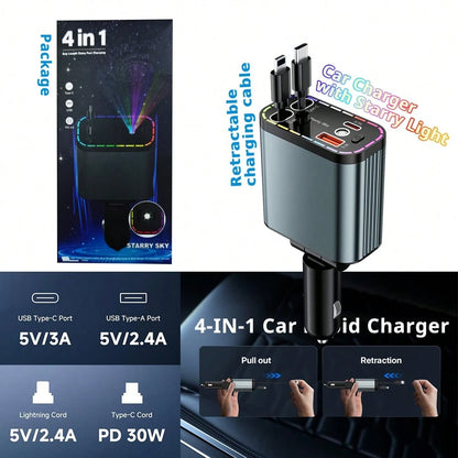 Starry Light Projector With 30W Fast Rapid Car Charger, 4 In 1 Multiple Function, Dual Retractable Charging Cable, Interior Decorative Accessories, Multiple Charging Protection, Ambient Lights For Car