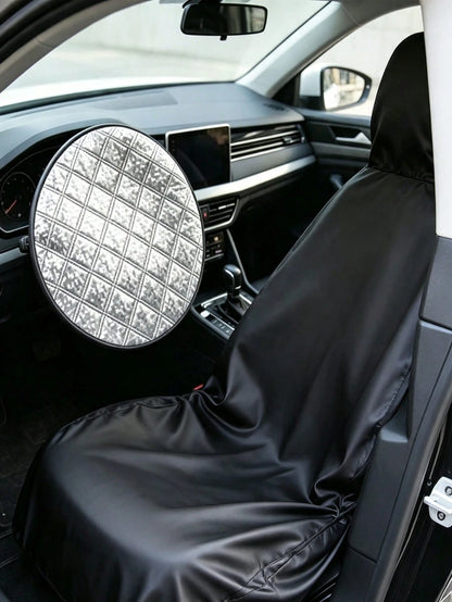 Steering Wheel Cover Sun Shade For Car, With Waterproof Car Seat Cover Protector, Foam Car Steering Wheel Sunshade, Foldable UV Protection Steering Wheel Cover, Car Seat Cover, Black Car Seat Cover, F