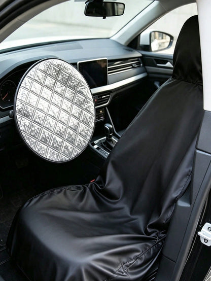 Steering Wheel Cover Sun Shade For Car, With Waterproof Car Seat Cover Protector, Foam Car Steering Wheel Sunshade, Foldable UV Protection Steering Wheel Cover, Car Seat Cover, Black Car Seat Cover, F