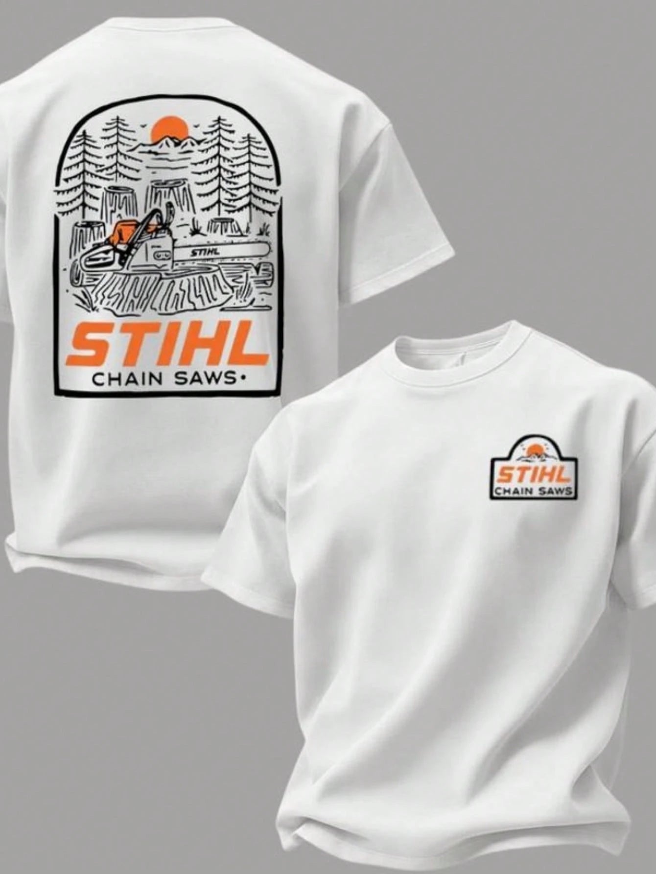 STIHL Into The Woods T-Shirt, STIHL Chainsaw Graphic Tee, Outdoor Woodworker Graphic T-Shirt, Forestry Logging Work Shirt