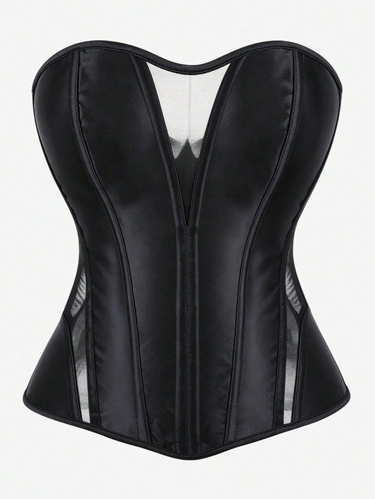 Strapless Black Mesh Corset Sweetheart Deep V Bustier Sheer Sides Waist Trainer Slimming Body Shaper Gothic Nightclub Evening Party Shapewear