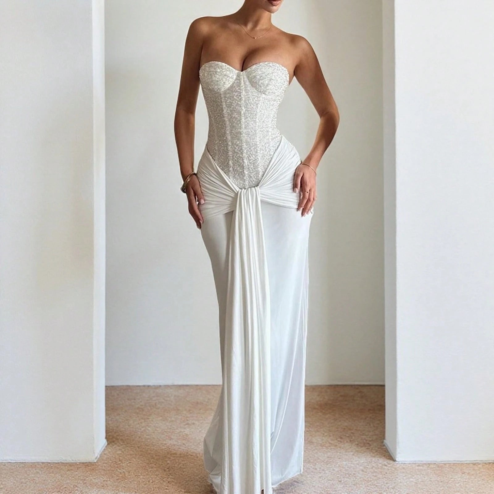 Strapless Lace Corset Maxi Formal Dress, Ruched Draped Front Slit Silky Bodycon Gown For Evening Cocktails, Birthday Banquets & Luxury Parties