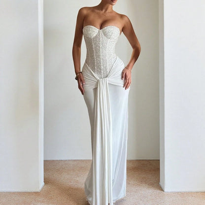 Strapless Lace Corset Maxi Formal Dress, Ruched Draped Front Slit Silky Bodycon Gown For Evening Cocktails, Birthday Banquets & Luxury Parties
