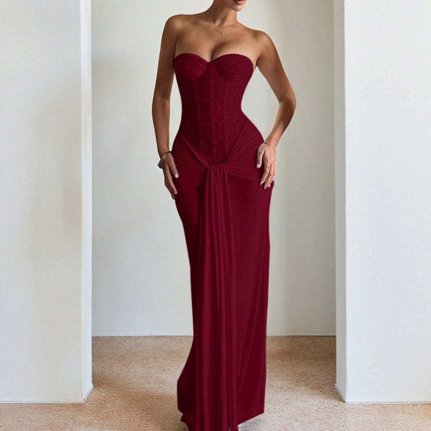 Strapless Lace Corset Maxi Formal Dress, Ruched Draped Front Slit Silky Bodycon Gown For Evening Cocktails, Birthday Banquets & Luxury Parties