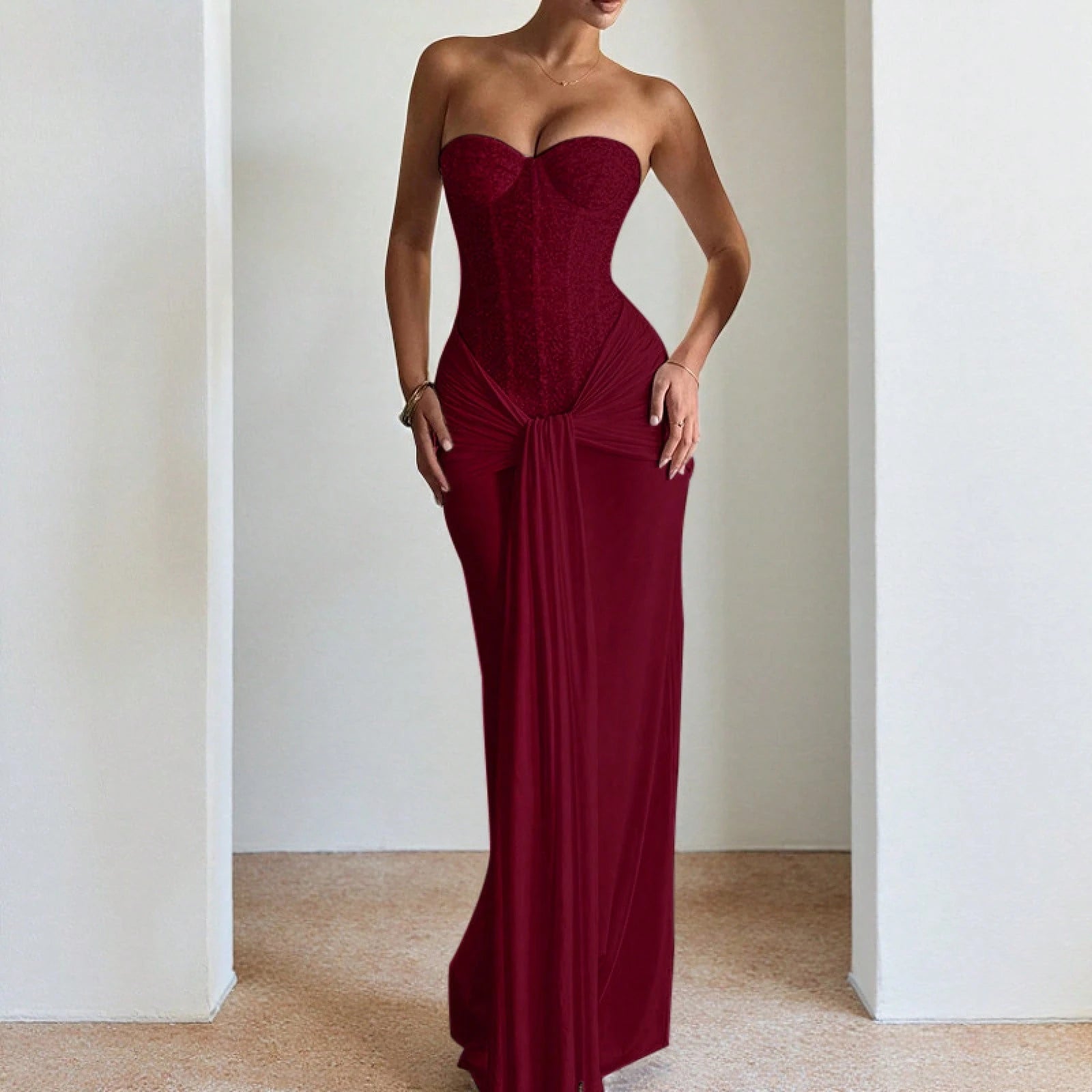 Strapless Lace Corset Maxi Formal Dress, Ruched Draped Front Slit Silky Bodycon Gown For Evening Cocktails, Birthday Banquets & Luxury Parties
