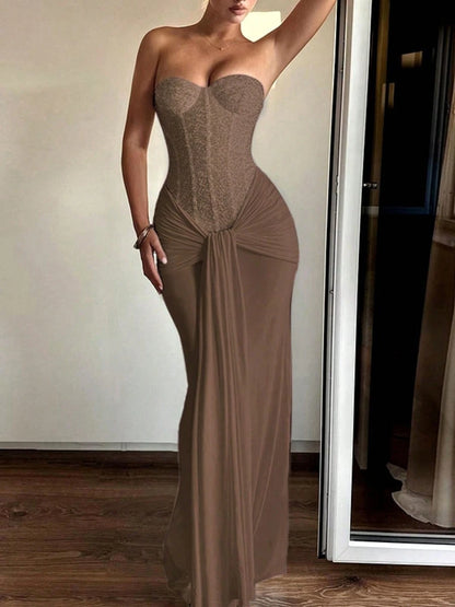Strapless Lace Corset Maxi Formal Dress, Ruched Draped Front Slit Silky Bodycon Gown For Evening Cocktails, Birthday Banquets & Luxury Parties