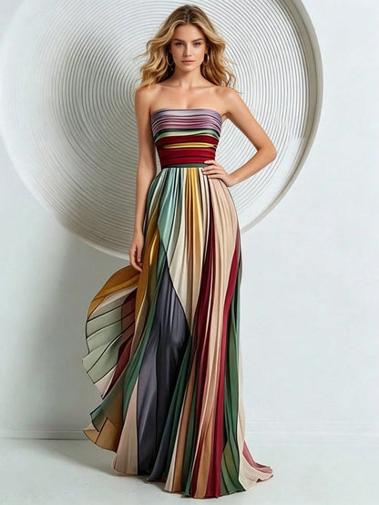 Strapless Pleated Color-Block Evening Gown, Women's Flowy A-Line Floor-Length Formal Dress, Elegant Gala & Prom Dress