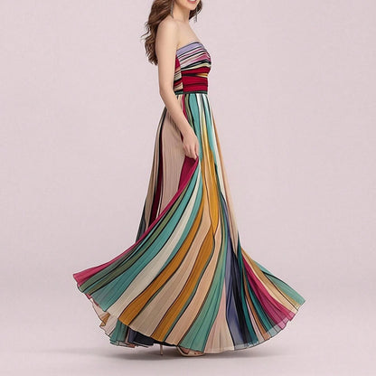 Strapless Pleated Color-Block Evening Gown, Women's Flowy A-Line Floor-Length Formal Dress, Elegant Gala & Prom Dress