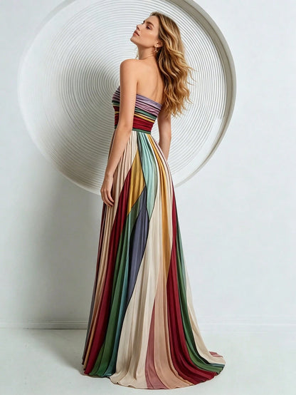 Strapless Pleated Color-Block Evening Gown, Women's Flowy A-Line Floor-Length Formal Dress, Elegant Gala & Prom Dress