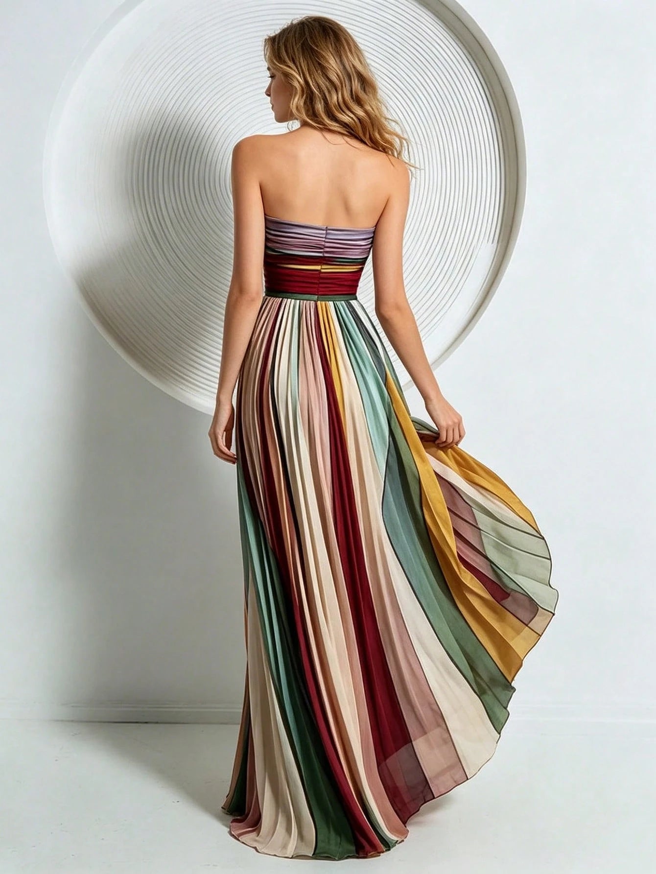 Strapless Pleated Color-Block Evening Gown, Women's Flowy A-Line Floor-Length Formal Dress, Elegant Gala & Prom Dress