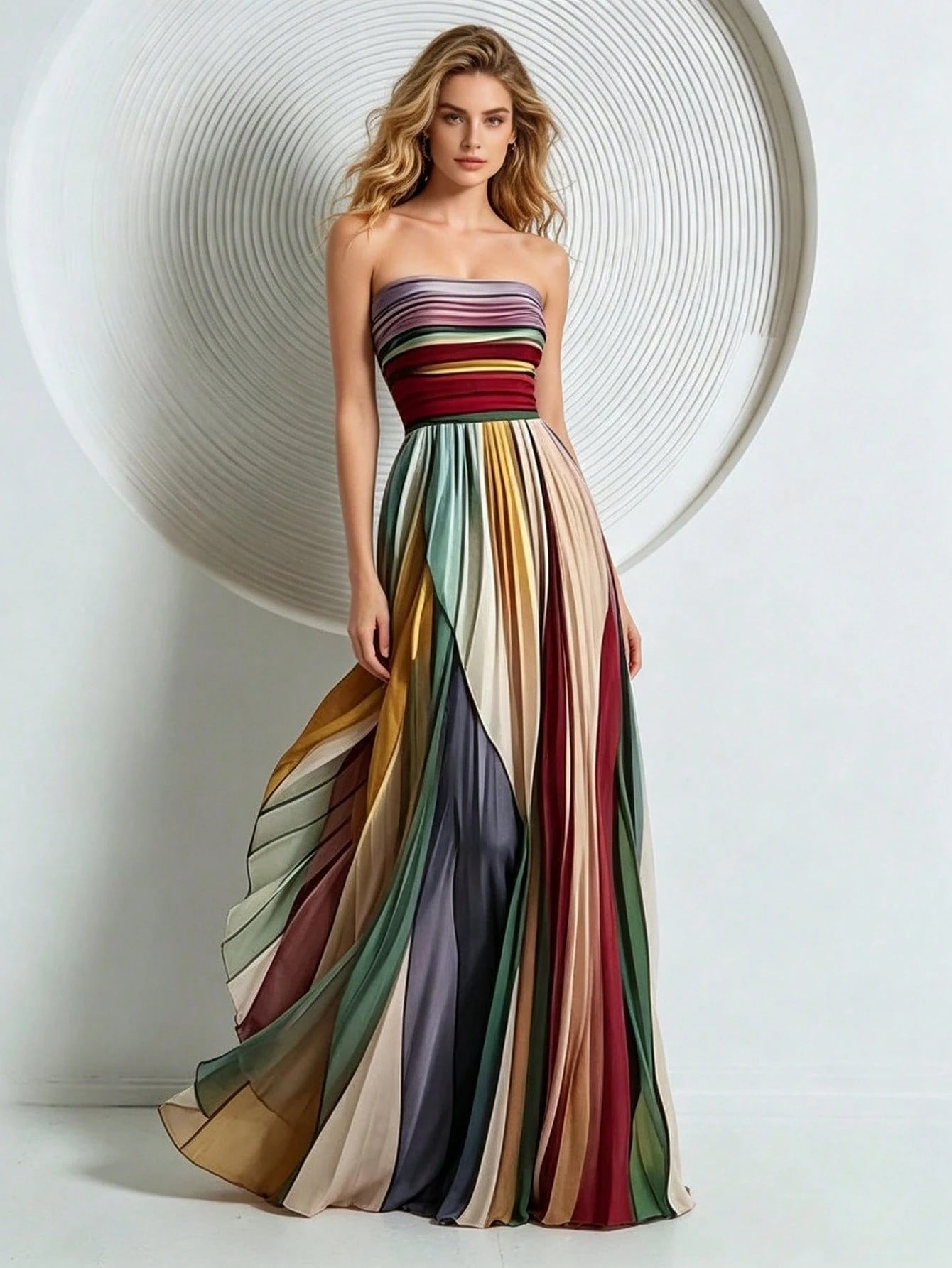 Strapless Pleated Color-Block Evening Gown, Women's Flowy A-Line Floor-Length Formal Dress, Elegant Gala & Prom Dress