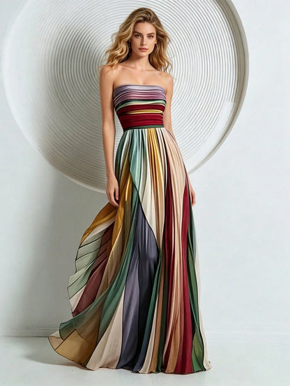 Strapless Pleated Color-Block Evening Gown, Women's Flowy A-Line Floor-Length Formal Dress, Elegant Gala & Prom Dress