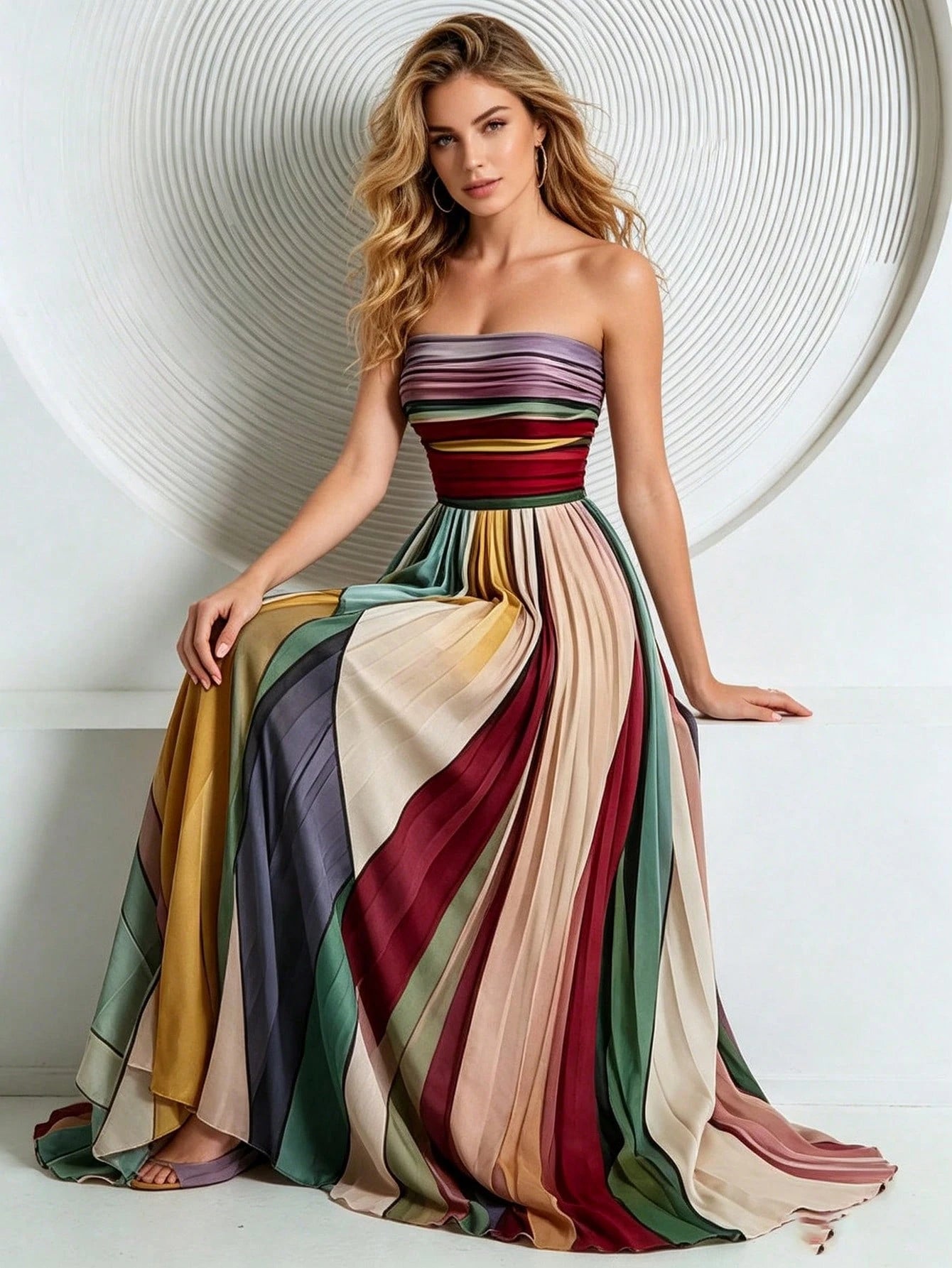 Strapless Pleated Color-Block Evening Gown, Women's Flowy A-Line Floor-Length Formal Dress, Elegant Gala & Prom Dress