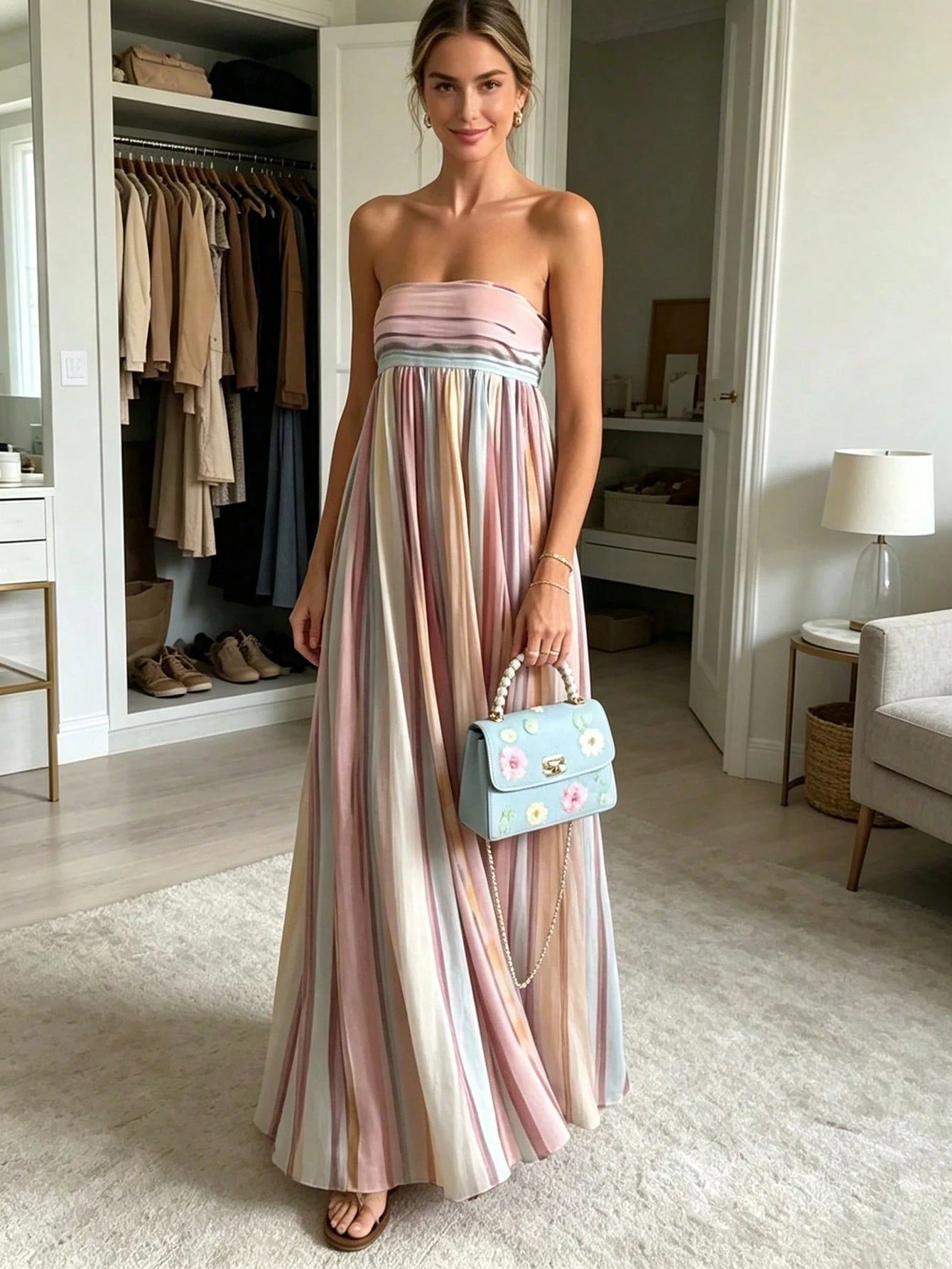 Strapless Pleated Color-Block Evening Gown, Women's Flowy A-Line Floor-Length Formal Dress, Elegant Gala & Prom Dress