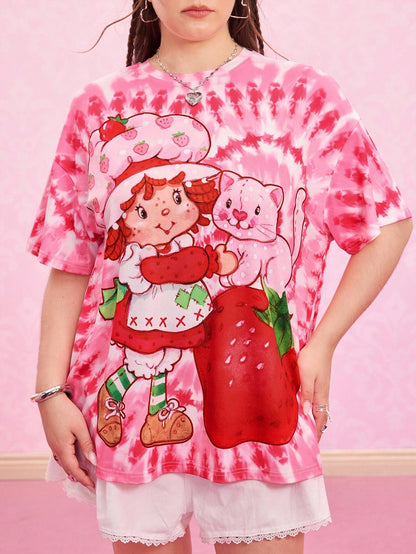 Strawberry Shortcake X Plus Size Casual Tie-Dye Cartoon Graphic Short Sleeve T-Shirt, Summer Pink Tie-Dye Shirt Strawberry Shirt Women Kawaii Shirt Strawberry Shirt Fall Clothes For Women Pink T