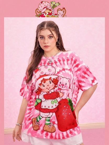 Strawberry Shortcake X Plus Size Casual Tie-Dye Cartoon Graphic Short Sleeve T-Shirt, Summer Pink Tie-Dye Shirt Strawberry Shirt Women Kawaii Shirt Strawberry Shirt Fall Clothes For Women Pink T