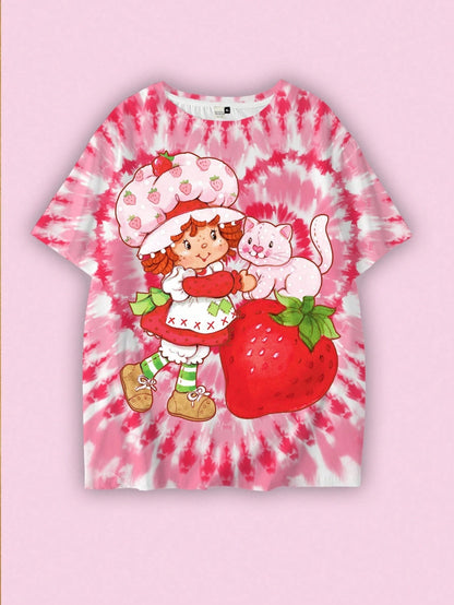 Strawberry Shortcake X Plus Size Casual Tie-Dye Cartoon Graphic Short Sleeve T-Shirt, Summer Pink Tie-Dye Shirt Strawberry Shirt Women Kawaii Shirt Strawberry Shirt Fall Clothes For Women Pink T