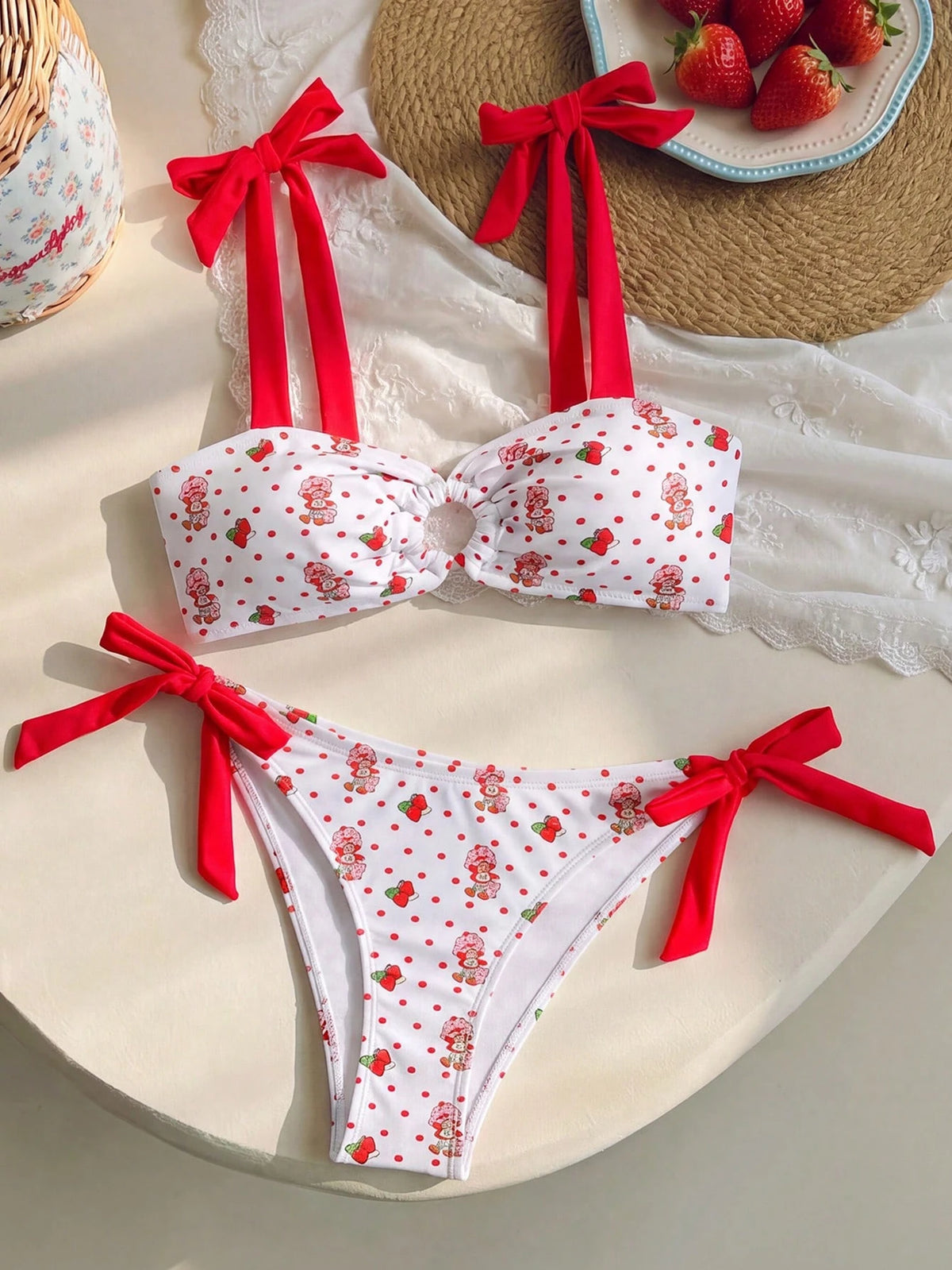 Strawberry Shortcake X Women's Cartoon Polka Dot Strawberry Print Swimsuit Set