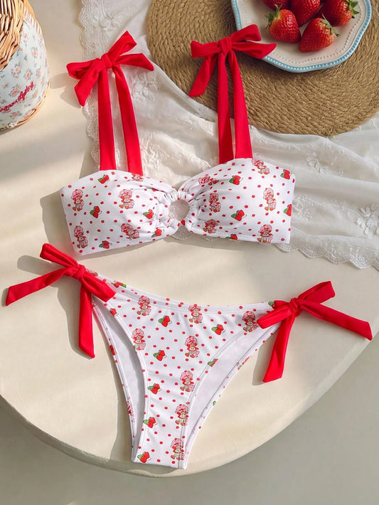 Strawberry Shortcake X Women's Cartoon Polka Dot Strawberry Print Swimsuit Set