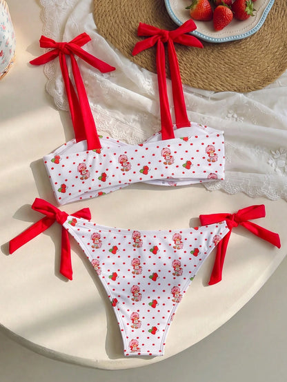 Strawberry Shortcake X Women's Cartoon Polka Dot Strawberry Print Swimsuit Set