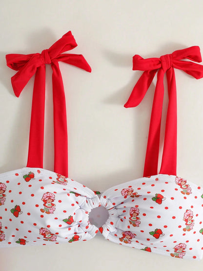 Strawberry Shortcake X Women's Cartoon Polka Dot Strawberry Print Swimsuit Set