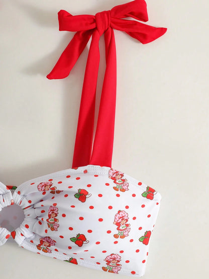 Strawberry Shortcake X Women's Cartoon Polka Dot Strawberry Print Swimsuit Set