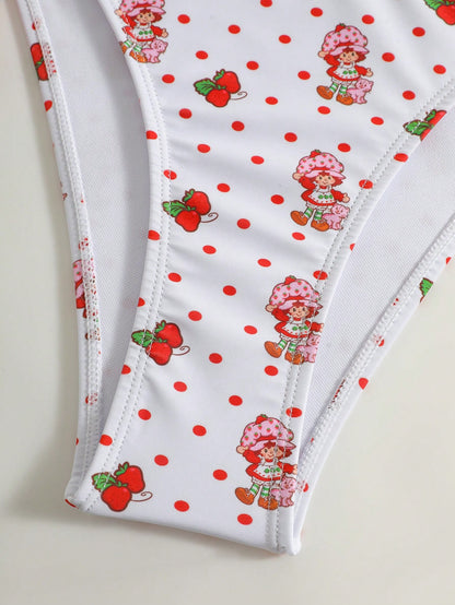 Strawberry Shortcake X Women's Cartoon Polka Dot Strawberry Print Swimsuit Set