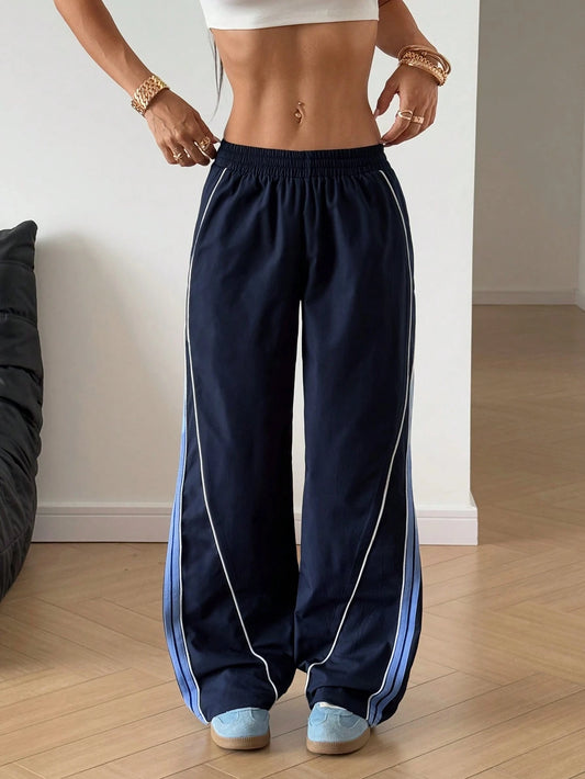 StreetHx Petite Color Block Drawstring Waist Long Pants, Solid Color Fashion Suitable For Summer Fall Cloth For Women,Petite Women