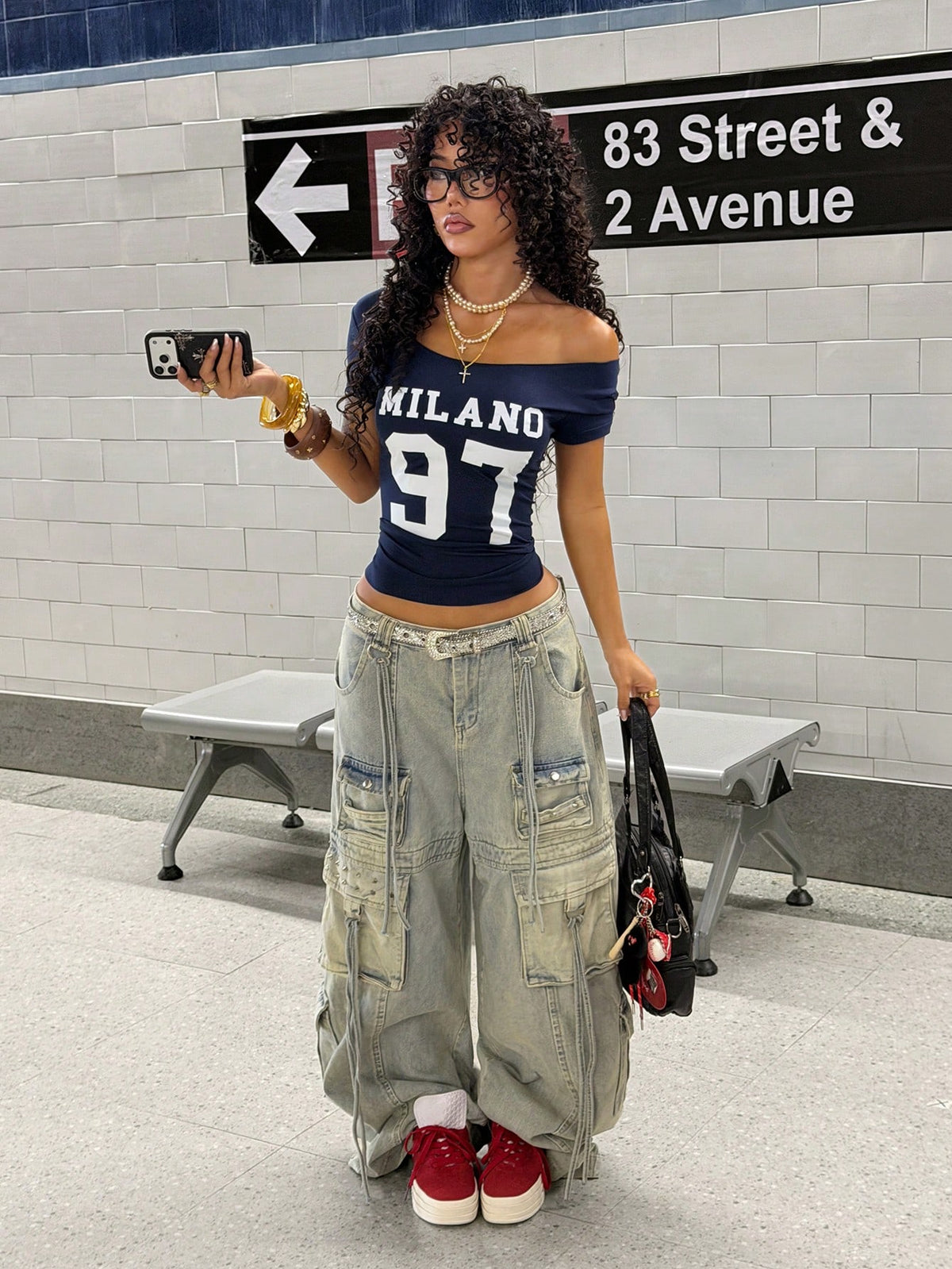 StreetHx Women's Summer Off-Shoulder T-Shirt, MILANO 97 Number, Y2K Punk Style Rolled Hem Cut-Out Short Sleeve Crop Top, Navy Blue