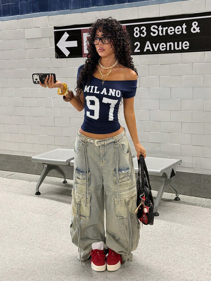 StreetHx Women's Summer Off-Shoulder T-Shirt, MILANO 97 Number, Y2K Punk Style Rolled Hem Cut-Out Short Sleeve Crop Top, Navy Blue