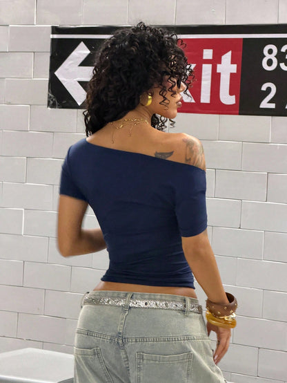 StreetHx Women's Summer Off-Shoulder T-Shirt, MILANO 97 Number, Y2K Punk Style Rolled Hem Cut-Out Short Sleeve Crop Top, Navy Blue