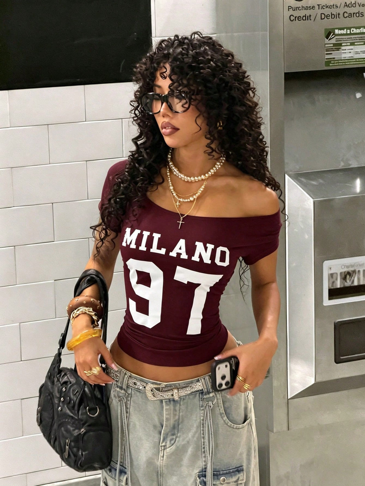 StreetHx Women's Summer Off-Shoulder T-Shirt, MILANO 97 Number, Y2K Punk Style Rolled Hem Cut-Out Short Sleeve Crop Top, Navy Blue