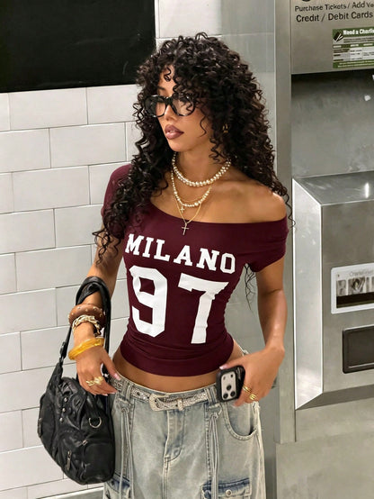 StreetHx Women's Summer Off-Shoulder T-Shirt, MILANO 97 Number, Y2K Punk Style Rolled Hem Cut-Out Short Sleeve Crop Top, Navy Blue