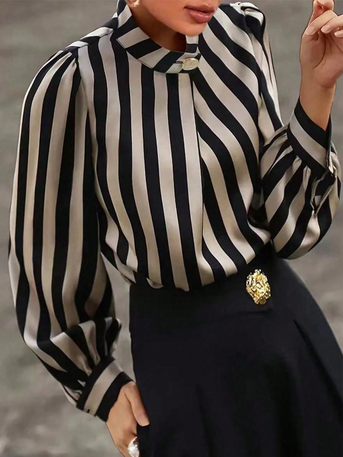 Striped Print Mock Neck Blouse,Long Sleeve Tops Black Spring