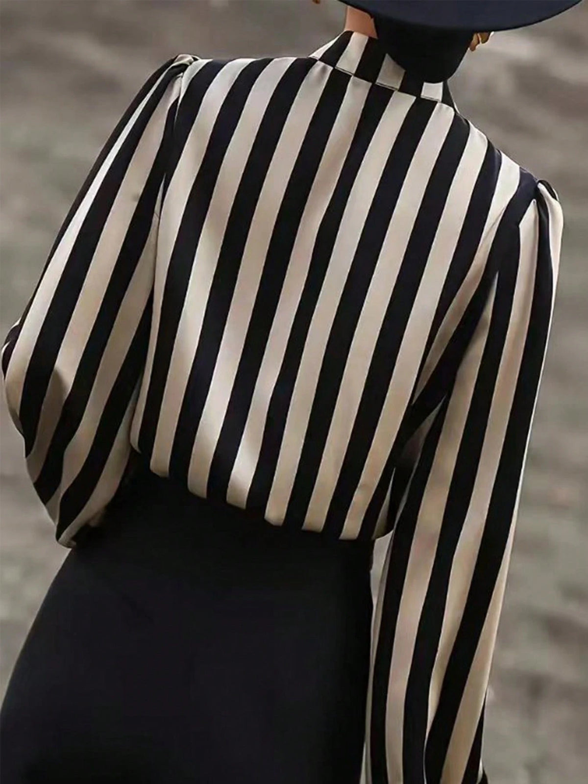 Striped Print Mock Neck Blouse,Long Sleeve Tops Black Spring