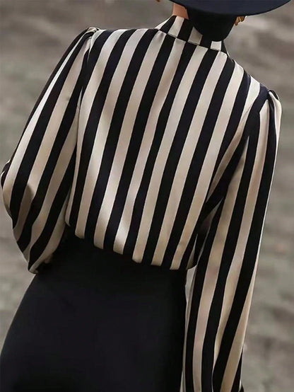 Striped Print Mock Neck Blouse,Long Sleeve Tops Black Spring