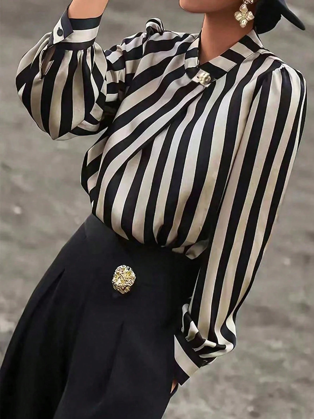 Striped Print Mock Neck Blouse,Long Sleeve Tops Black Spring
