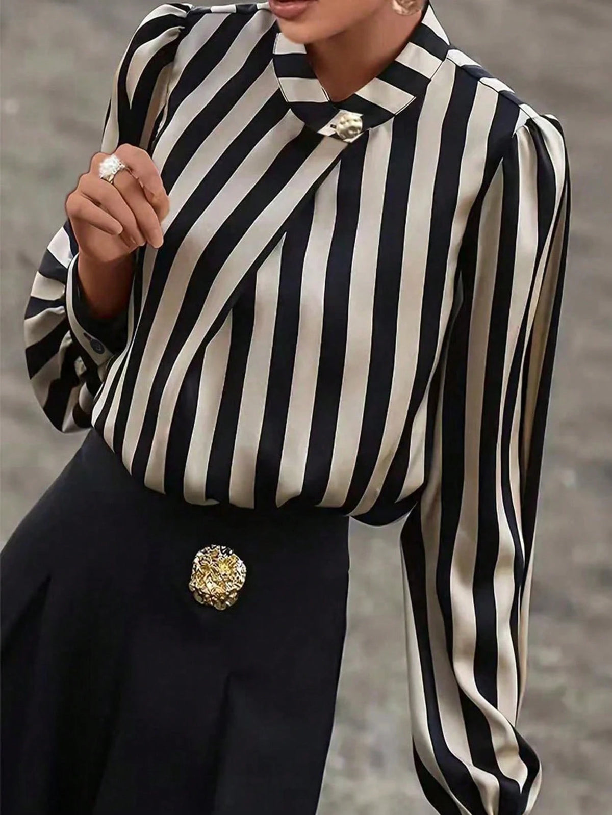 Striped Print Mock Neck Blouse,Long Sleeve Tops Black Spring