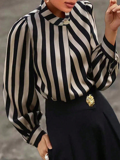 Striped Print Mock Neck Blouse,Long Sleeve Tops Black Spring