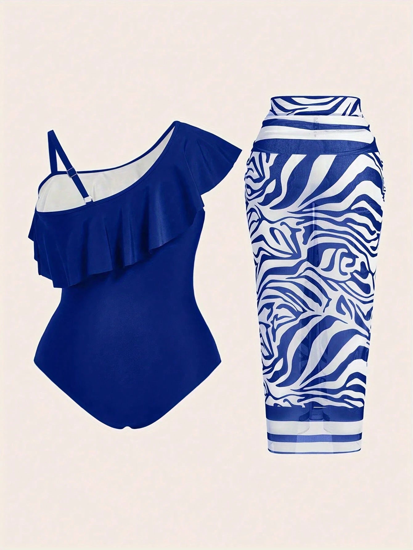Stylish Asymmetrical Neck Plus Size Swimwear With Ruffle Details And Sleeveless Bikini Set With Zebra Print Cover-Up Skirt