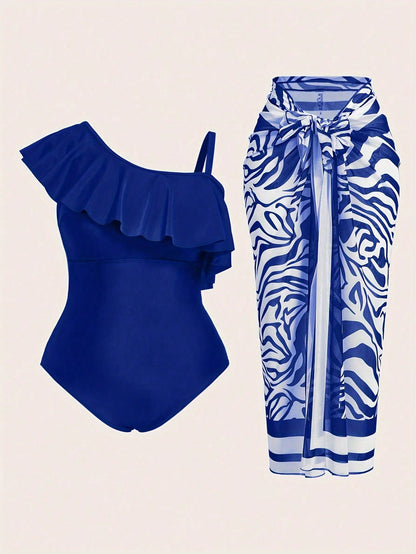 Stylish Asymmetrical Neck Plus Size Swimwear With Ruffle Details And Sleeveless Bikini Set With Zebra Print Cover-Up Skirt