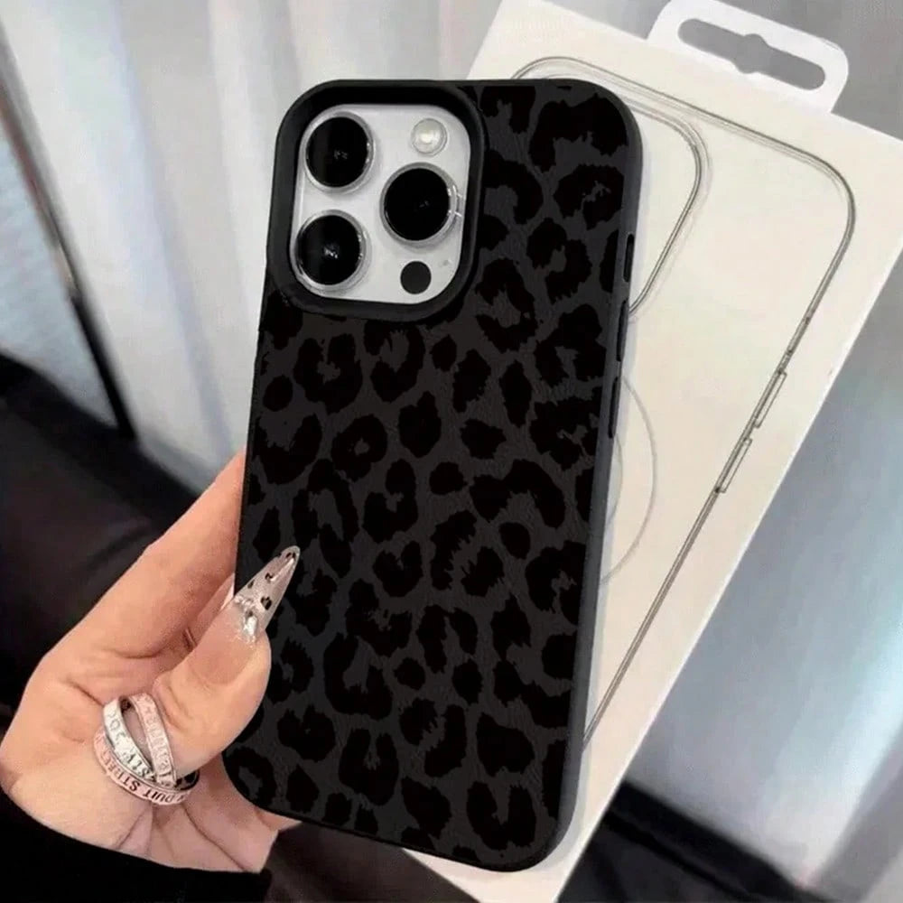 Stylish Black Leopard Print Phone Case Suitable For IPhone 17 16 15 14 13 12 11 Pro Max XS XR X For Galaxy S26 Ultra Plus S25 FE S25 Ultra S24 FE S23 Plus 5G S22 Ultra A54 A55 A56 A57,Full-Coverage TP