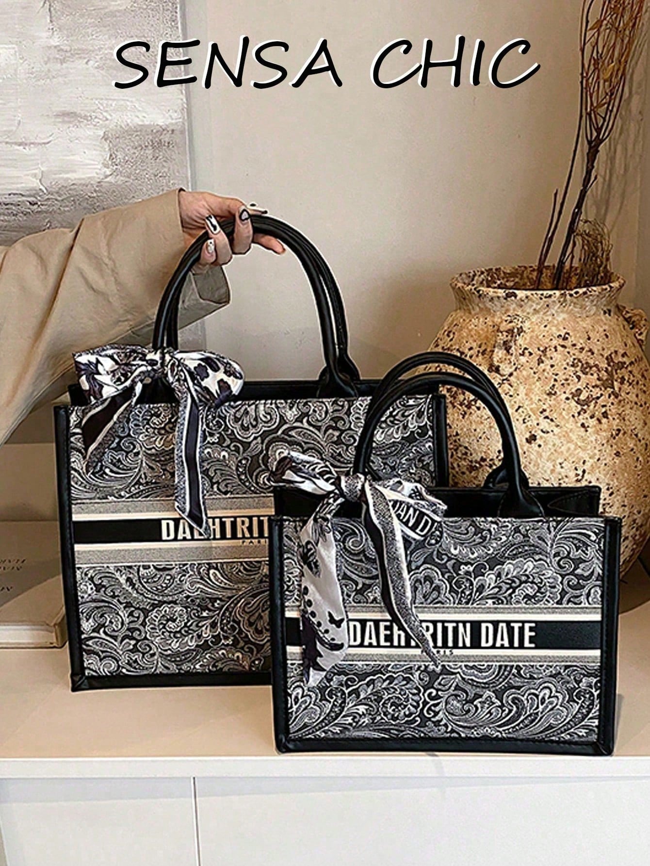 Stylish Canvas Tote Bag Small Checkered Pattern Comes With A Silk Scarf Bow, Making It Suitable Students Commuting, Office Workers' Daily Outings