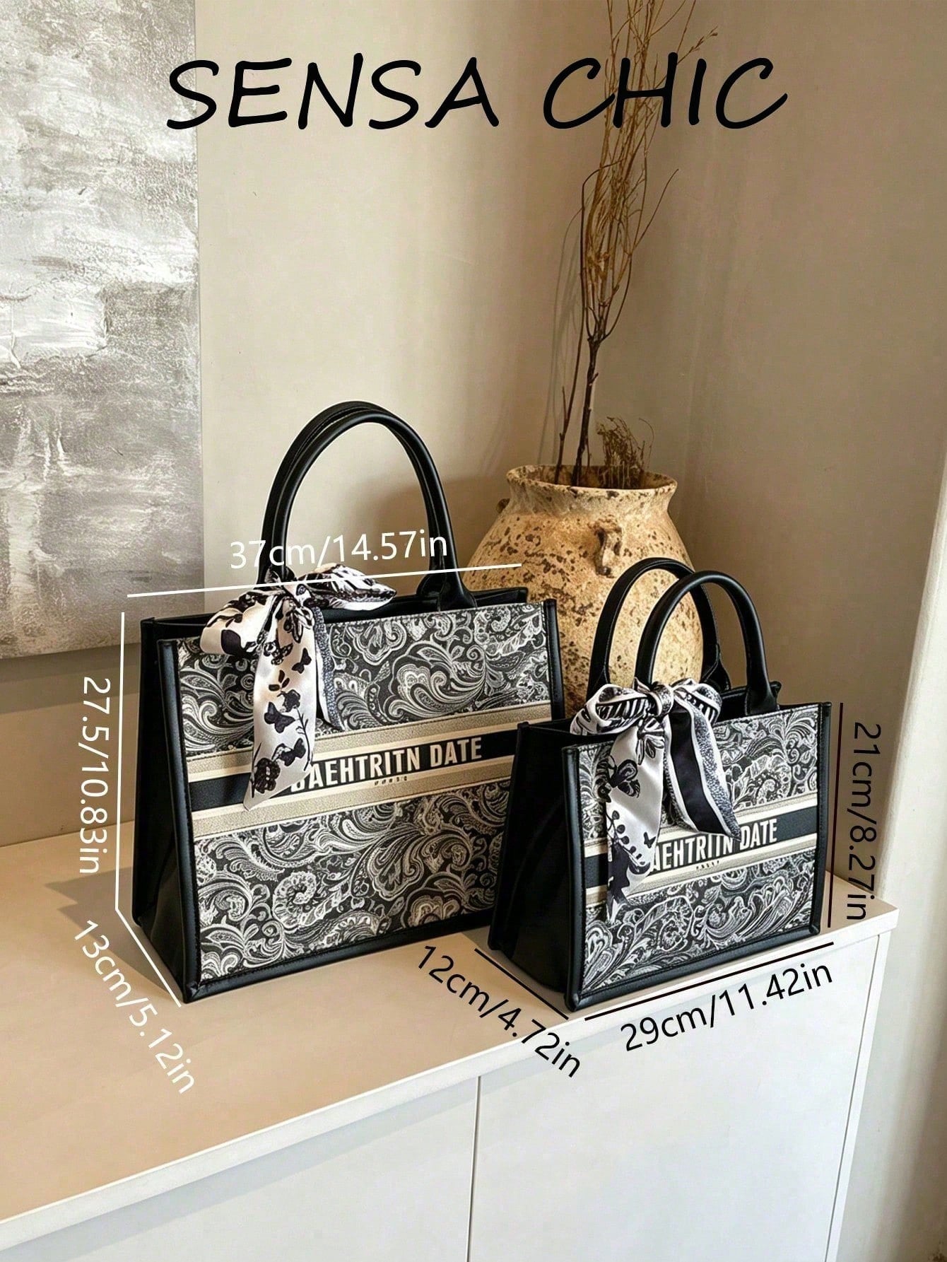 Stylish Canvas Tote Bag Small Checkered Pattern Comes With A Silk Scarf Bow, Making It Suitable Students Commuting, Office Workers' Daily Outings