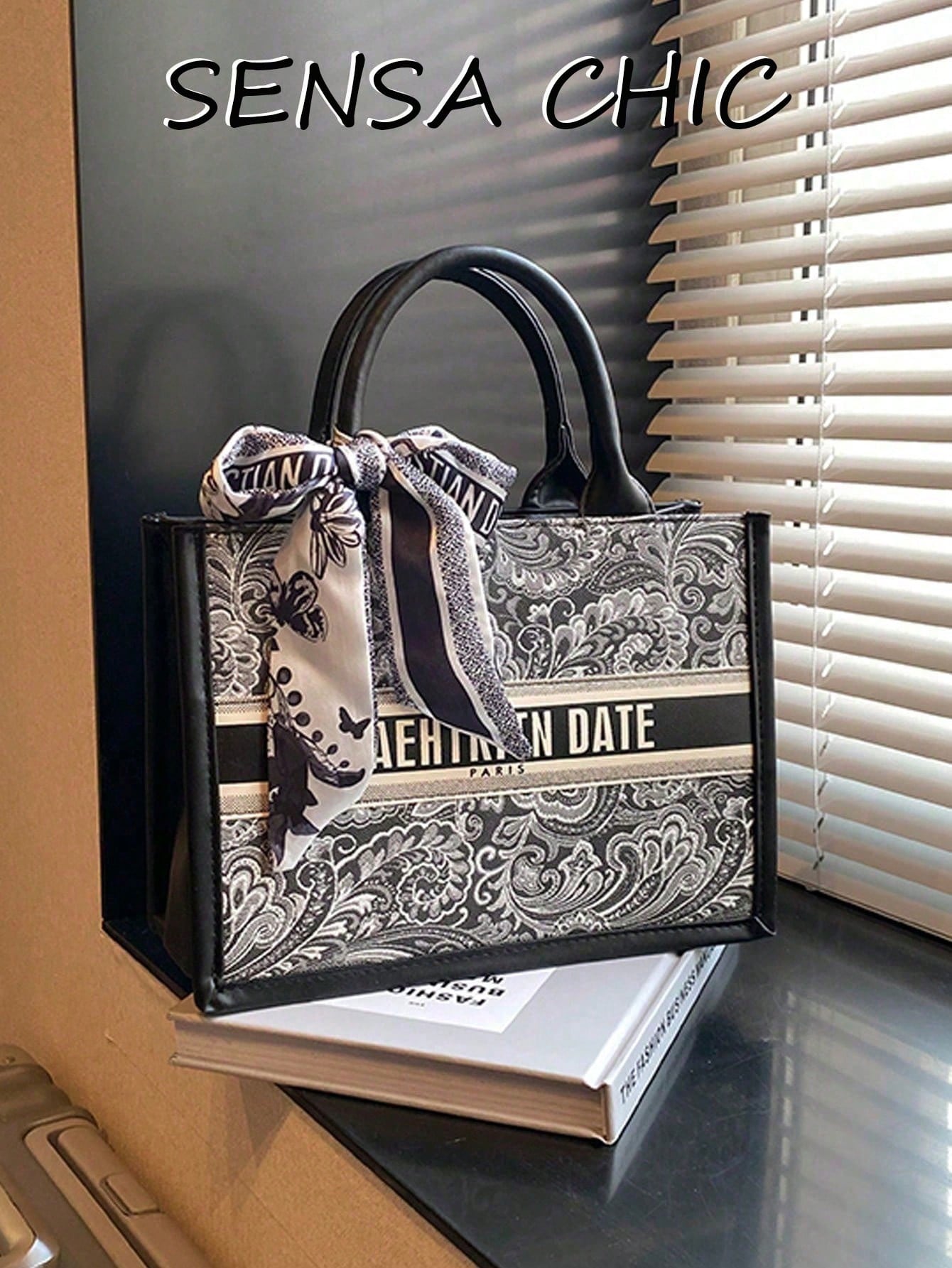 Stylish Canvas Tote Bag Small Checkered Pattern Comes With A Silk Scarf Bow, Making It Suitable Students Commuting, Office Workers' Daily Outings