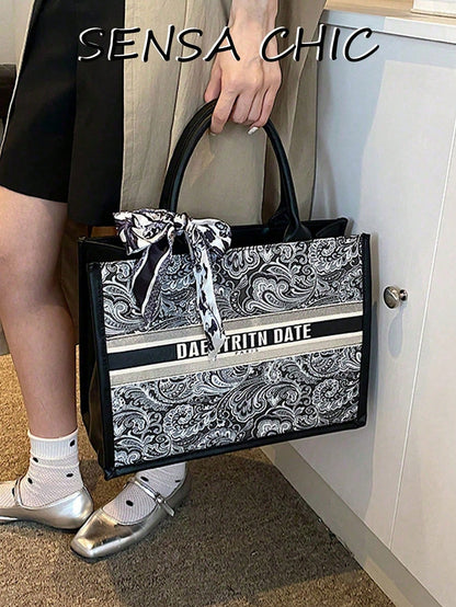 Stylish Canvas Tote Bag Small Checkered Pattern Comes With A Silk Scarf Bow, Making It Suitable Students Commuting, Office Workers' Daily Outings
