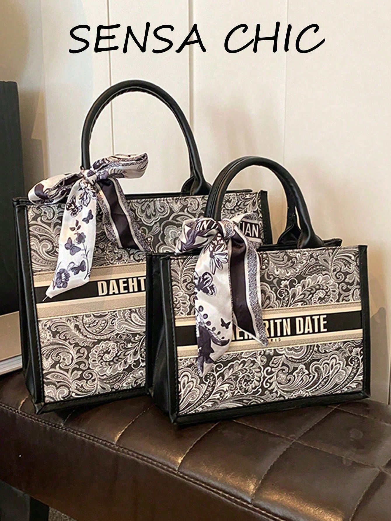 Stylish Canvas Tote Bag Small Checkered Pattern Comes With A Silk Scarf Bow, Making It Suitable Students Commuting, Office Workers' Daily Outings